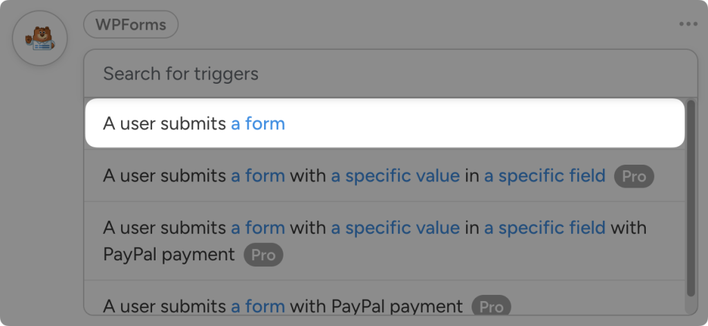 wpforms-trigger-user-submits-form Uncanny Automator trigger dropdown list for WPForms. The user has highlighted the trigger “A user submits a form”.