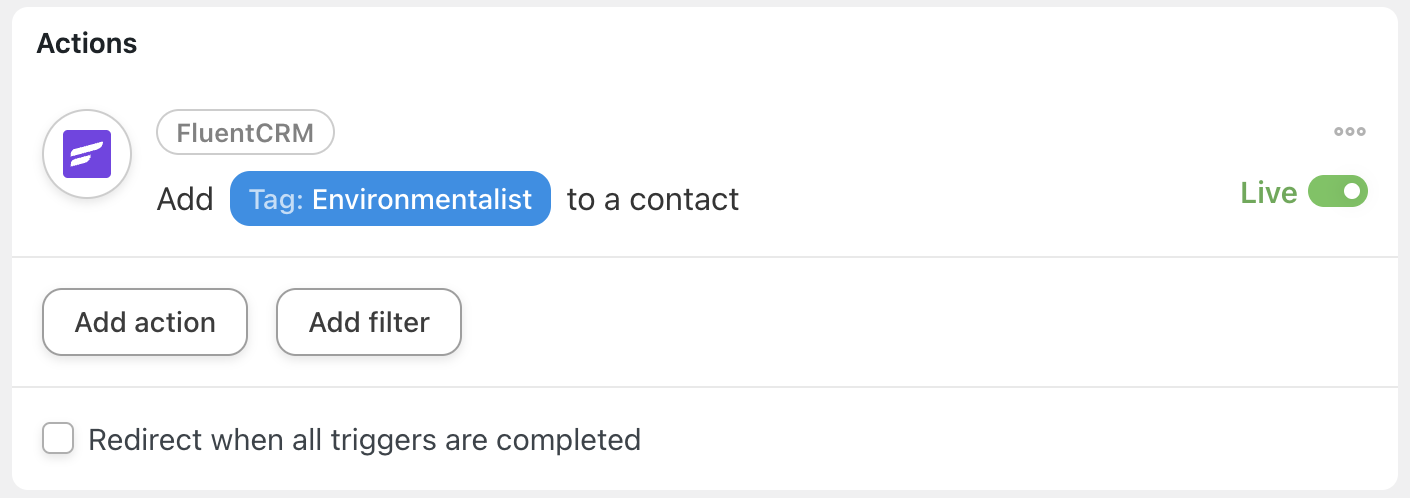 Automator FluentCRM Action Add tags to a contact Live