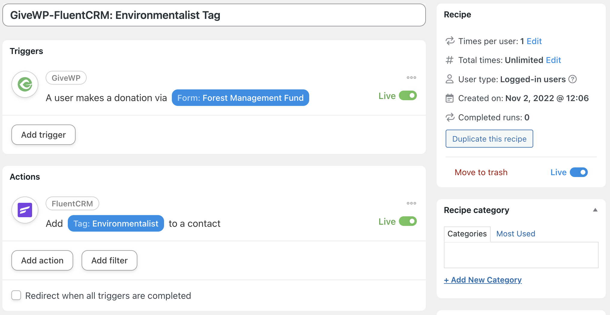 Automator FluentCRM Recipe Live
