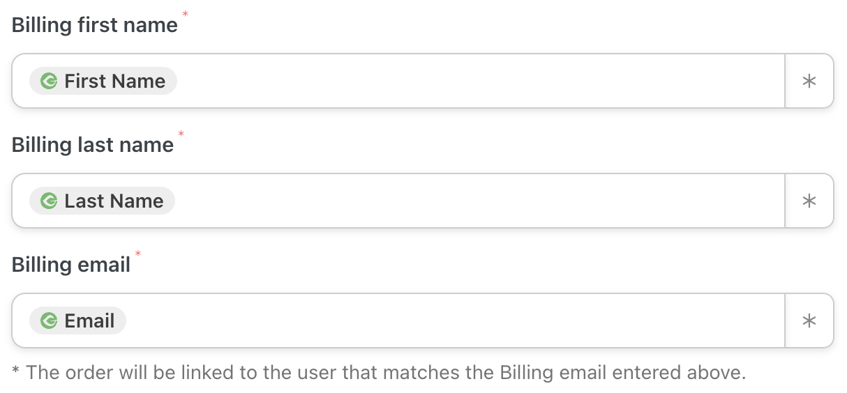 Automator WooCommerce Action Create an order with a product Billing tokens 2