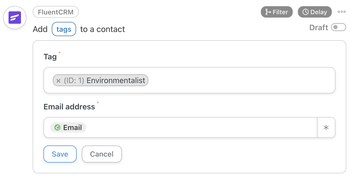 Automator FluentCRM Action Add tags to a contact Editor