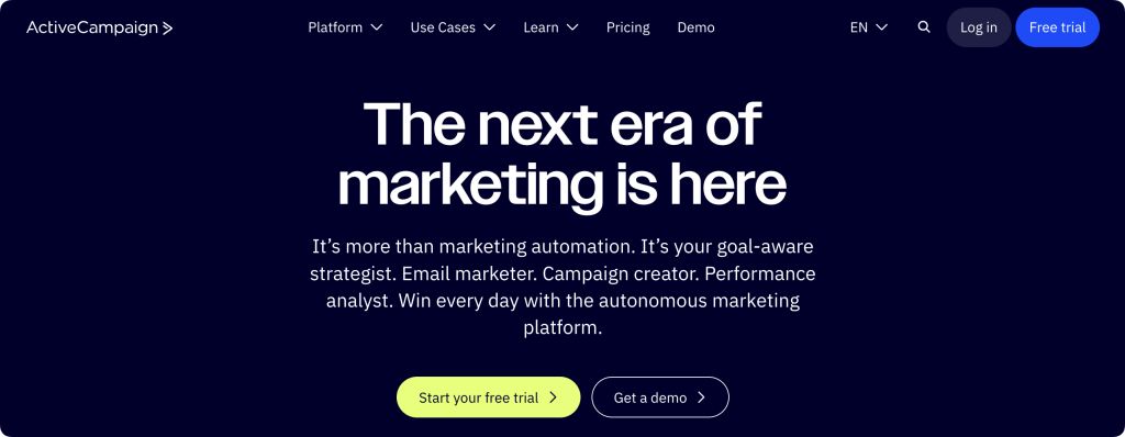 ActiveCampaign homepage featuring "The next era of marketing is here" headline with autonomous marketing platform description and "Start your free trial" button.