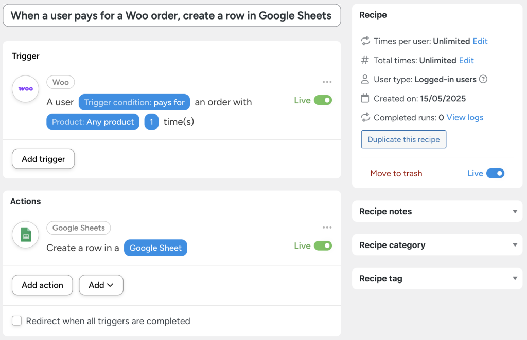 Automator recipe that creates a new row in Google Sheets when a user pays for a WooCommerce order. The recipe automatically converts Unix timestamps to dates in Google Sheets.