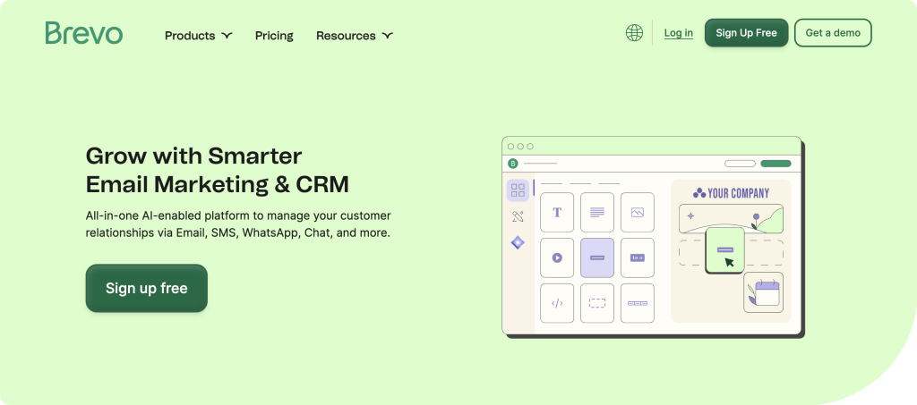 Brevo homepage featuring "Grow with Smarter Email Marketing & CRM" headline with email template builder interface mockup showing drag-and-drop design tools and "Sign up free" button for AI-enabled customer relationship management.