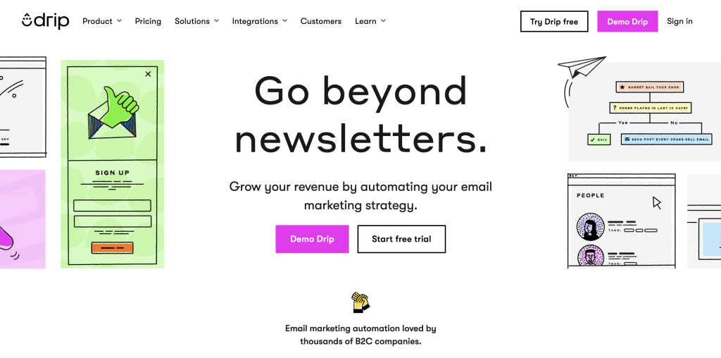 Drip homepage featuring "Go beyond newsletters" headline with email automation workflow diagrams, signup form mockup, and "Demo Drip" and "Start free trial" buttons for e-commerce email marketing automation.