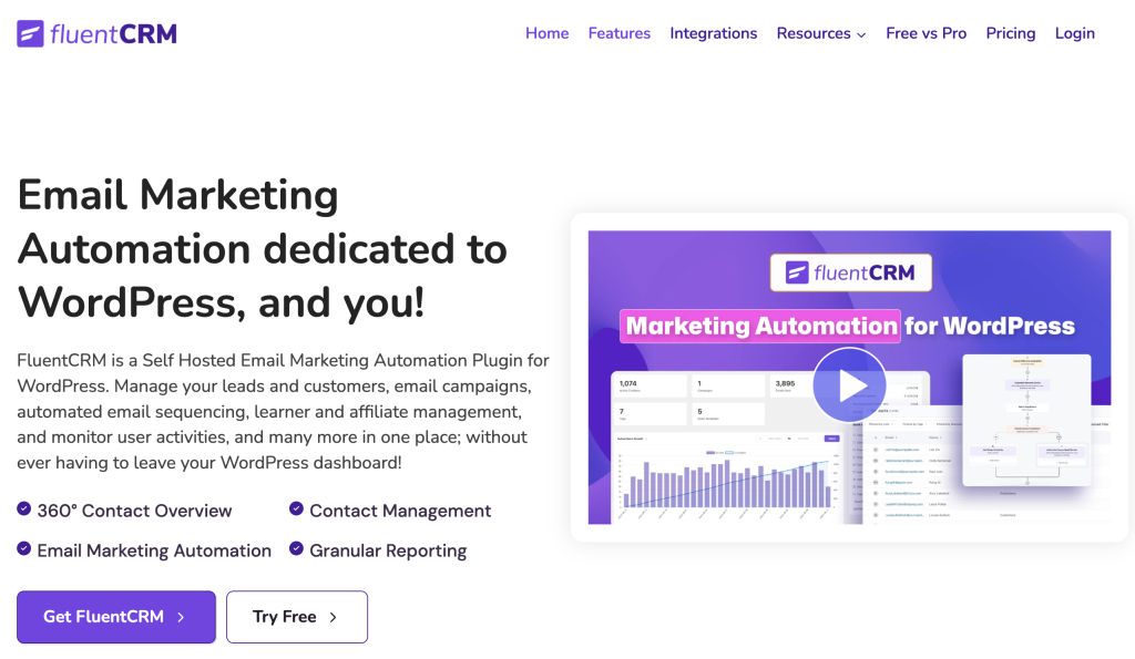 FluentCRM homepage featuring "Email Marketing Automation dedicated to WordPress" headline with dashboard analytics mockup showing contact management, reporting charts, and automation workflows.