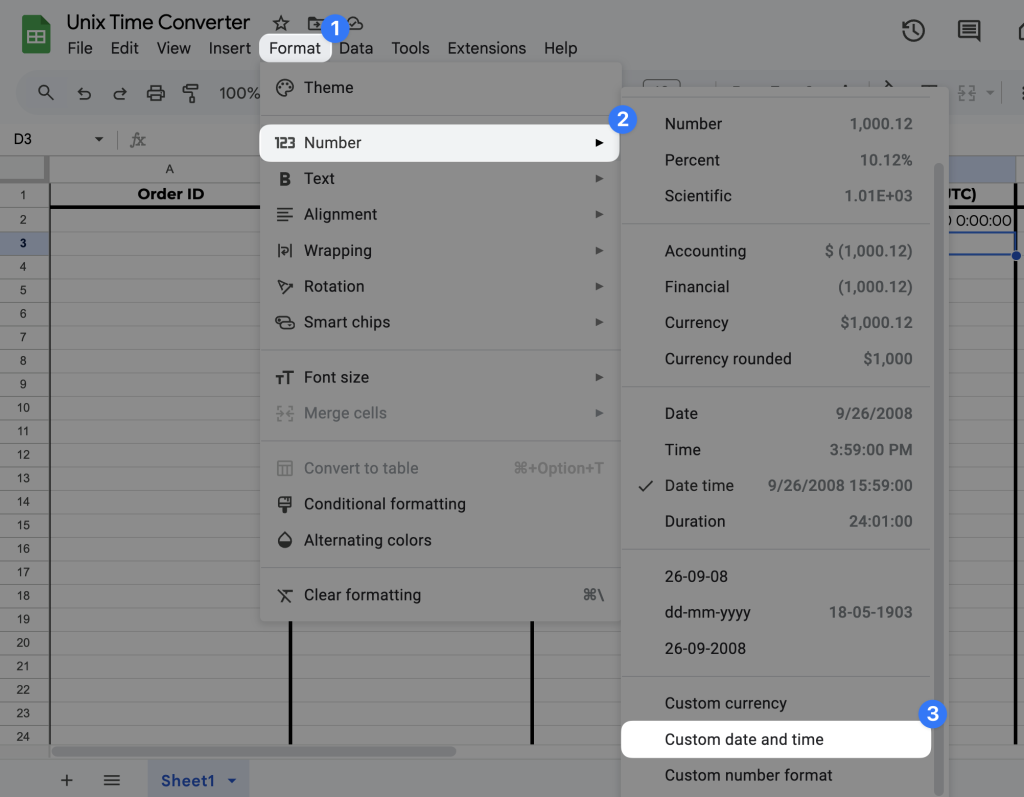 A Google Sheets worksheet with the "Format" menu open. The user is selecting Format > Number > Custom date time to apply number formatting.