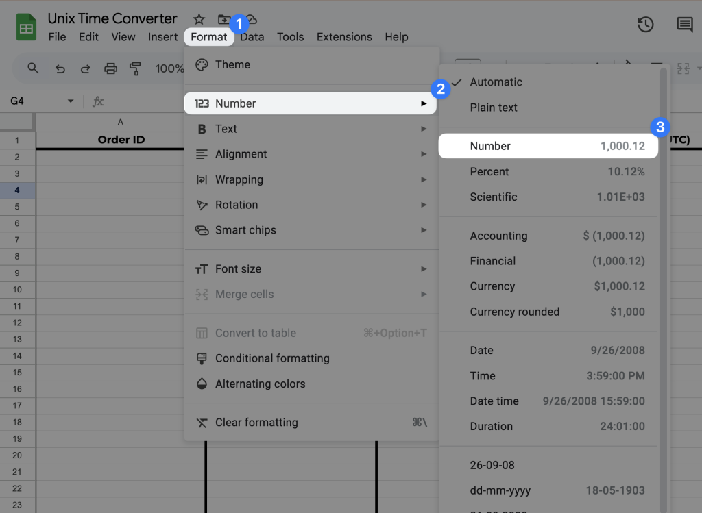 A Google Sheets worksheet with the "Format" menu open. The user is selecting Format > Number > Number to apply number formatting.