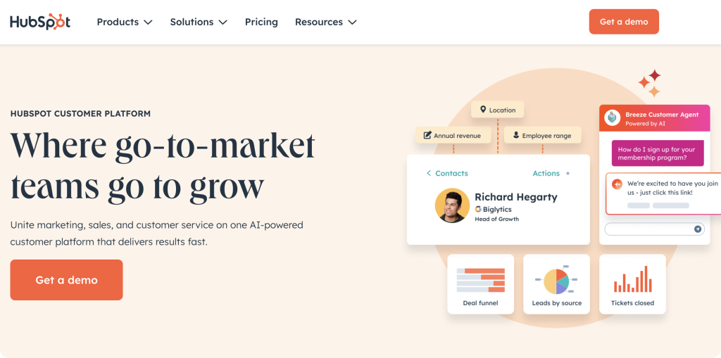 HubSpot CRM platform homepage showing unified marketing, sales and customer service dashboard with contact management, deal funnel tracking, lead analytics and AI-powered customer insights for WordPress businesses.
