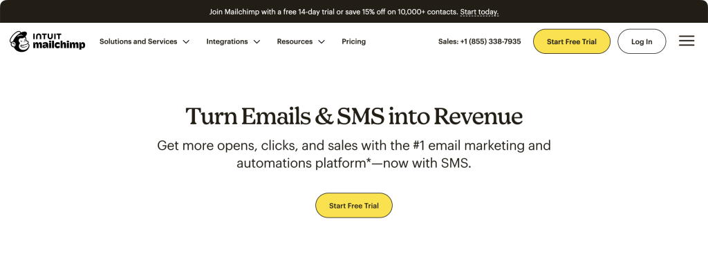 Mailchimp CRM homepage featuring "Turn Emails & SMS into Revenue" headline.