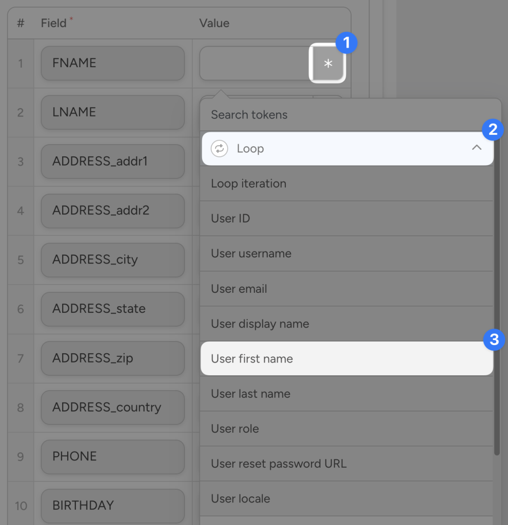A user selects the "User first name" token from the Loop options in an Uncanny Automator recipe while mapping user data fields for Mailchimp. The token is being added to the FNAME field in the value column.
