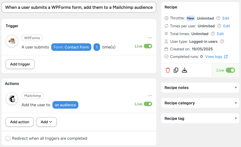 Automator recipe showing how to connect WordPress to Mailchimp: when a user submits a WPForms contact form, they're automatically added to a Mailchimp audience.