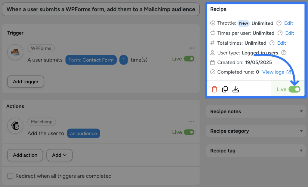 Automator recipe showing how to connect WordPress to Mailchimp: when a user submits a WPForms contact form, they're automatically added to a Mailchimp audience. The “Recipe” box is highlighted, showing the recipe is “Live”.