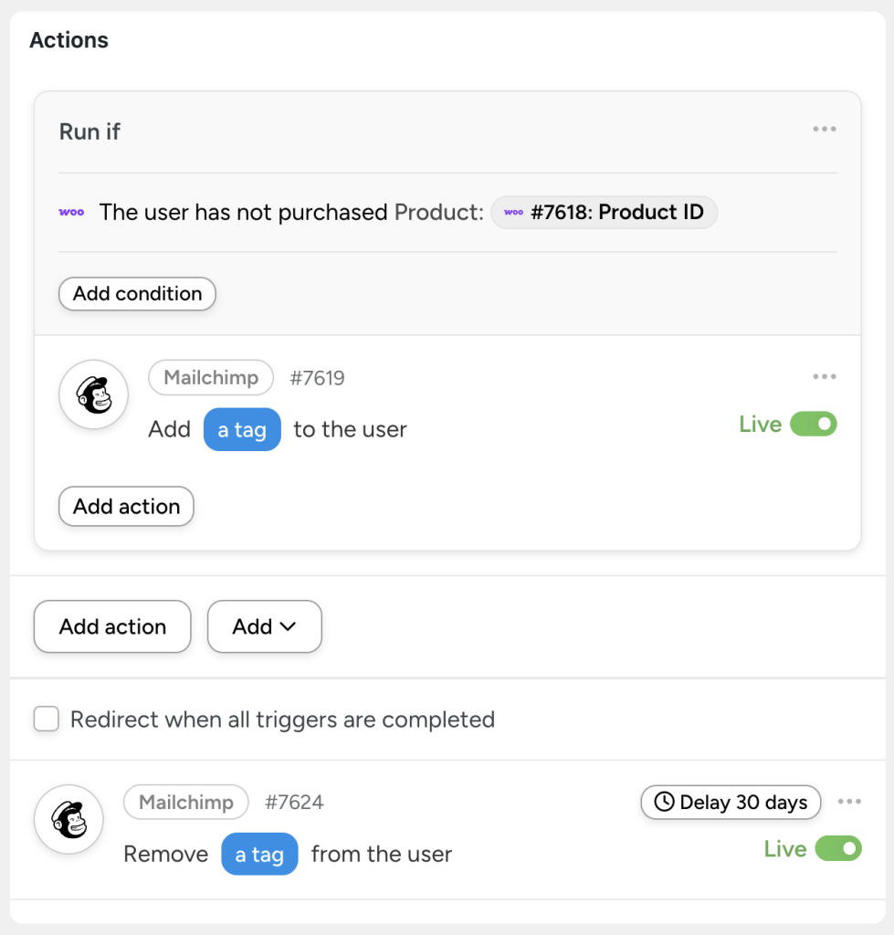 Mailchimp automation workflow in Uncanny Automator showing conditional logic: if a user has not purchased a specific WooCommerce product, a Mailchimp tag is added, then removed after a 30-day delay.
