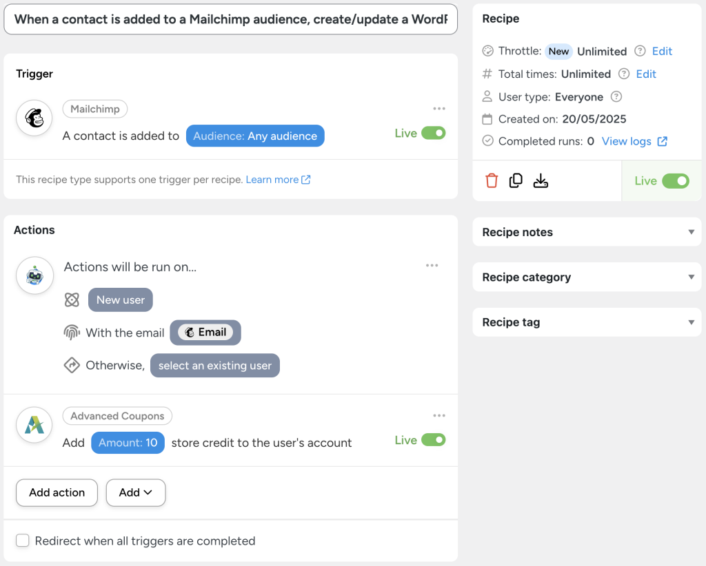 Uncanny Automator recipe showing how to connect Mailchimp to WordPress by creating or updating a WordPress user when a contact is added to any Mailchimp audience, and rewarding them with $10 store credit using Advanced Coupons.