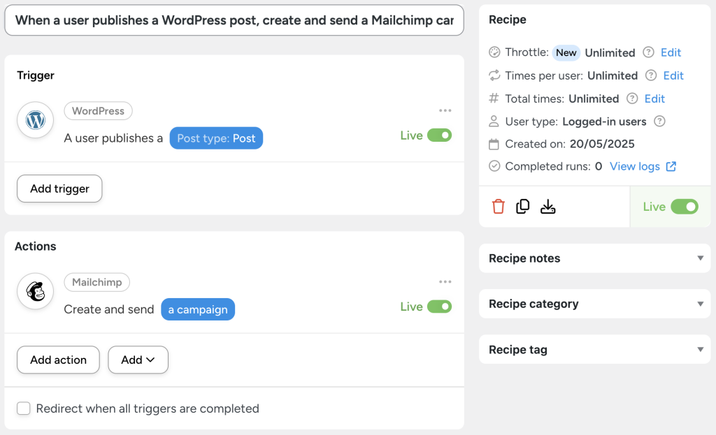 Automator recipe demonstrating how to connect Mailchimp to WordPress by automatically creating and sending a Mailchimp campaign whenever a user publishes a new WordPress post.