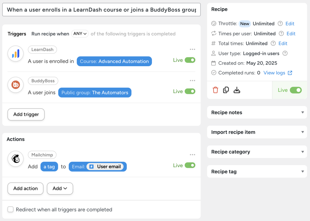 Automator recipe showing how to connect Mailchimp to WordPress by tagging users in Mailchimp when they enroll in a LearnDash course or join a BuddyBoss group. The trigger is set to fire on either action, and the user’s email is used to assign the tag.
