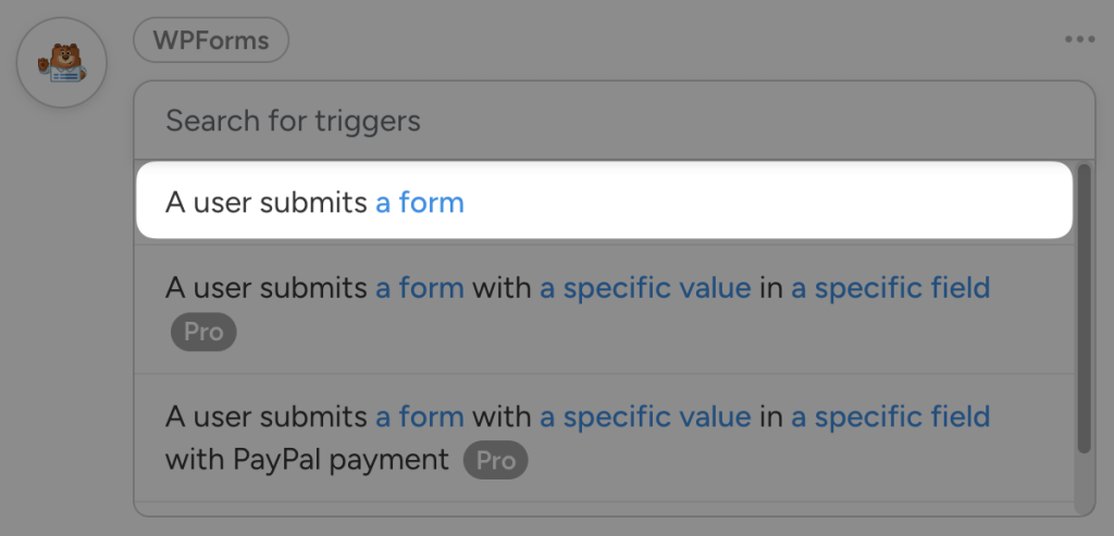 WPForms trigger selection interface in Uncanny Automator. The highlighted trigger reads “A user submits a form”.