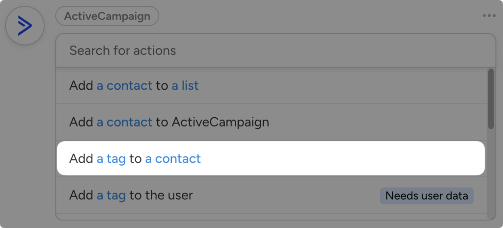 activecampaign-action-add-tag-to-contact Dropdown list of ActiveCampaign actions in Uncanny Automator. The user has highlighted the action “Add a tag to a contact”.