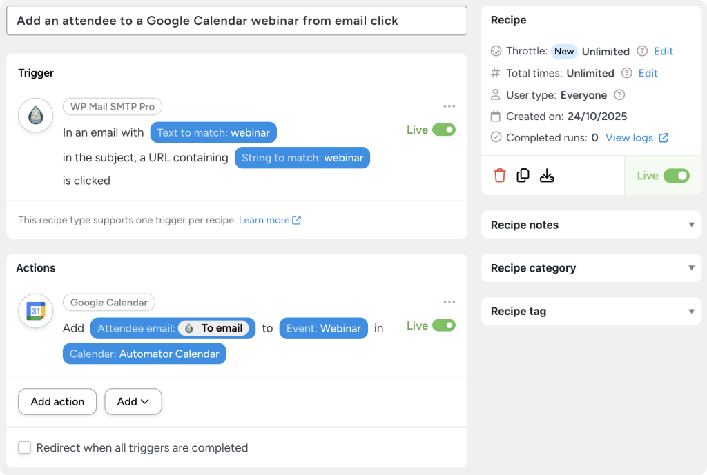 add-attendee-to-google-calendar-event-from-email-click Automator recipe for WordPress email tracking that adds an attendee to a Google Calendar event if they click on a URL with the string “webinar” in an email with the subject “webinar”.