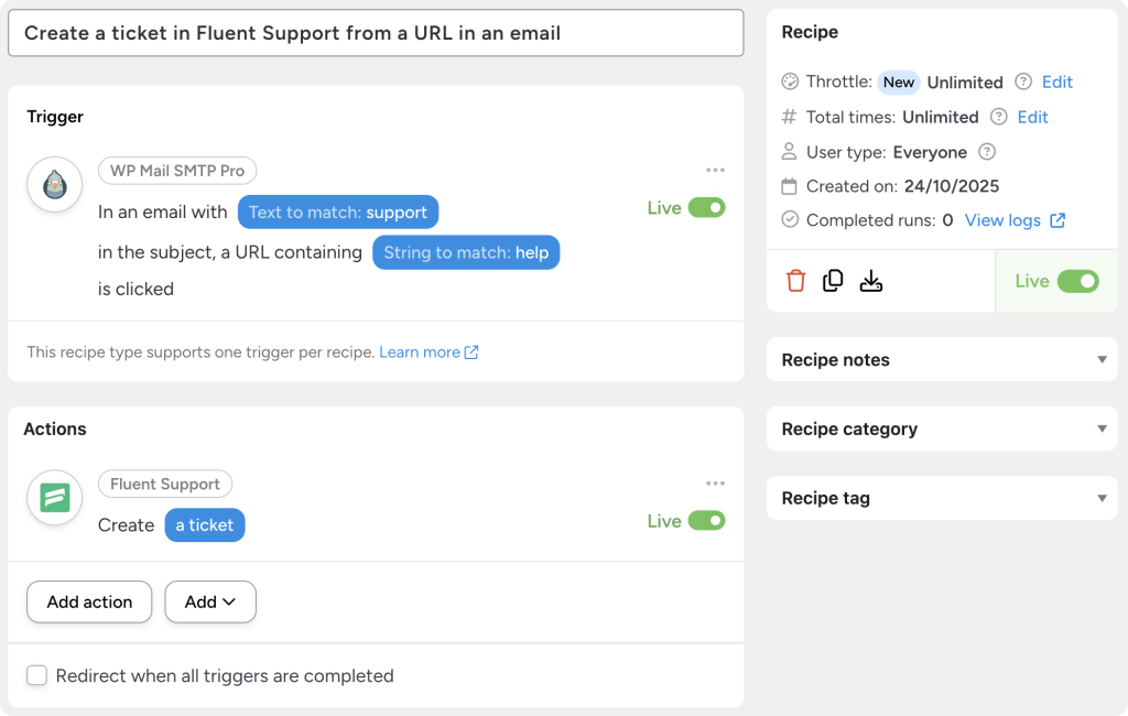 create-fluent-support-ticket-from-click-in-wordpress-email Automator recipe for WordPress email tracking that creates a Fluent Support ticket if they click on a URL with the string “support” in an email with the subject “support”.