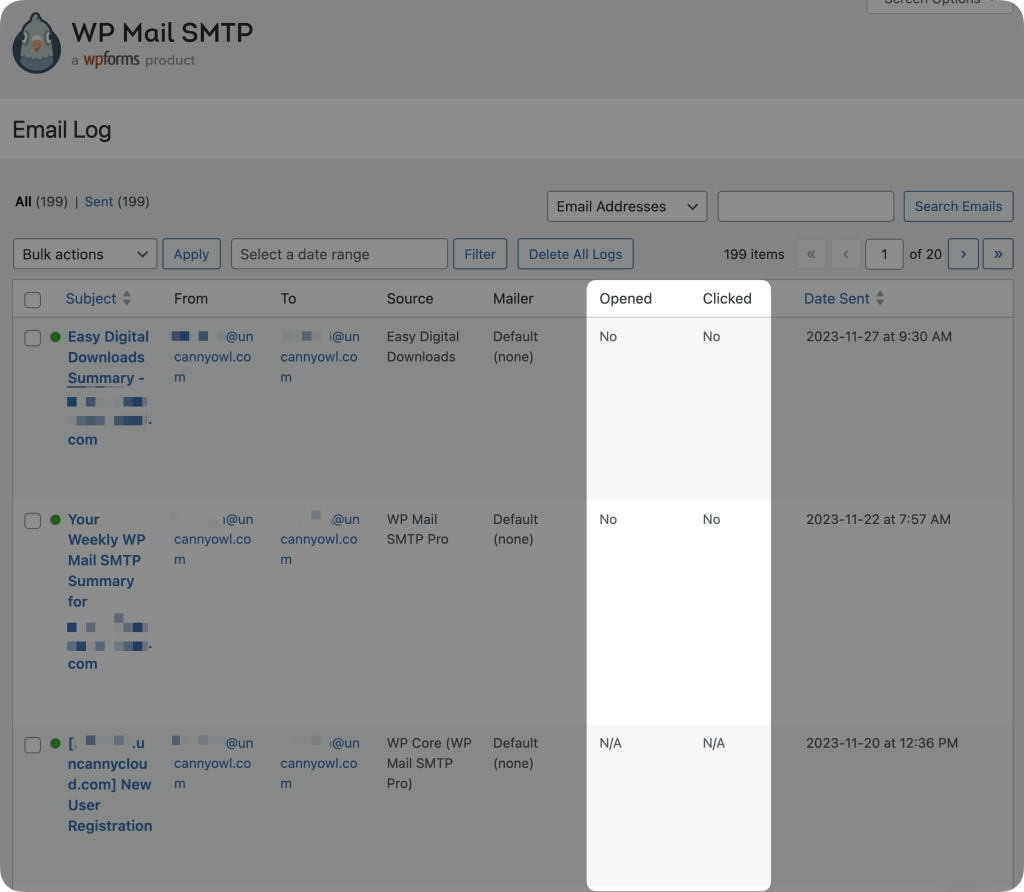 wp-mail-smtp-email-log WP Mail SMTP email log showing columns for subject, sender, recipient, source, mailer, and whether emails were opened or clicked.