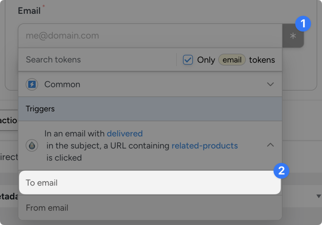 wp-mail-smtp-pro-to-email-token-automator Dropdown menu under email field showing search tokens with 'Only email tokens' checked and 'To email' highlighted.