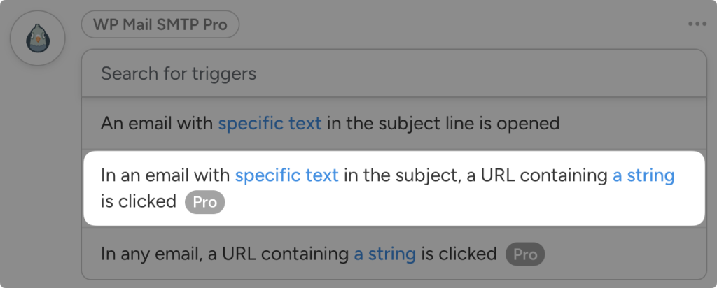 wp-mail-smtp-pro-trigger-email-specific-text-subject-url-string-clicked Dropdown list of WP Mail SMTP Pro triggers in Uncanny Automator. The user has highlighted the trigger “In an email with specific text in the subject, a URL containing a string is clicked”.