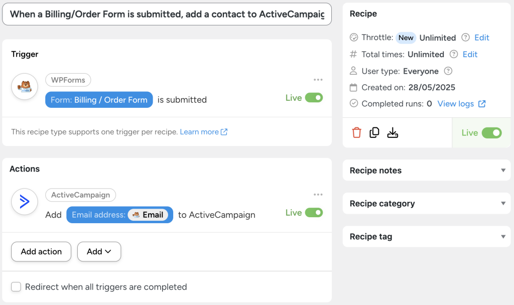 An Automator recipe that adds a contact to ActiveCampaign when a WPForms “Billing/Order Form” is submitted.