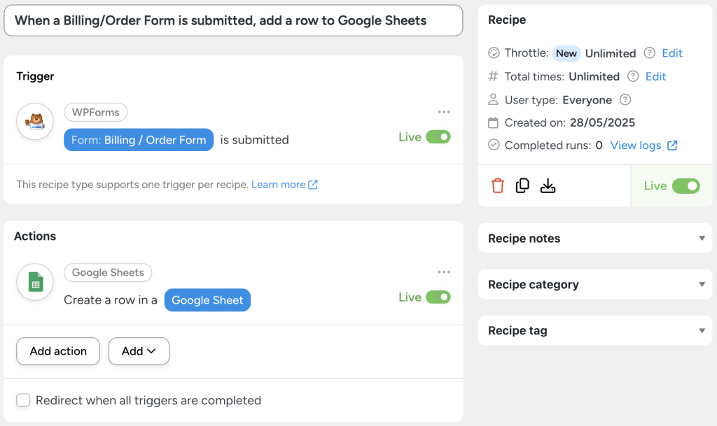 An Automator recipe that creates a row in Google Sheets when a WPForms “Billing/Order Form” is submitted.