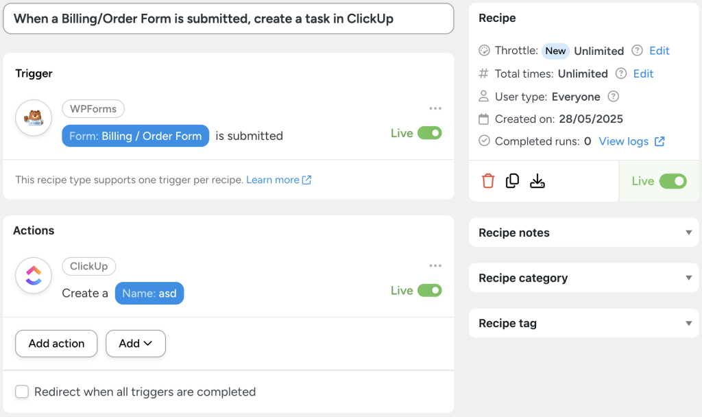 An Automator recipe that creates a task in ClickUp when a WPForms “Billing/Order Form” is submitted.