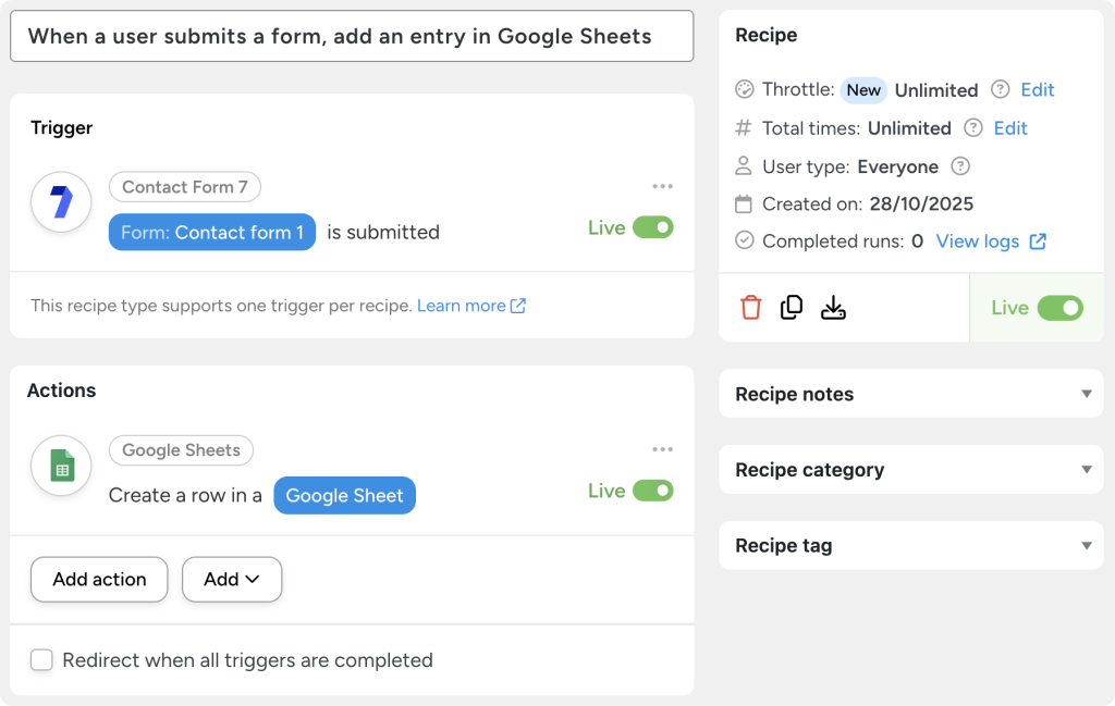 connect-contact-form-7-to-google-sheets-recipe Uncanny Automator recipe that creates a Contact Form 7 and Google Sheets integration. The recipe adds a row to a Google Sheets spreadsheet when a Contact Form 7 form is submitted.