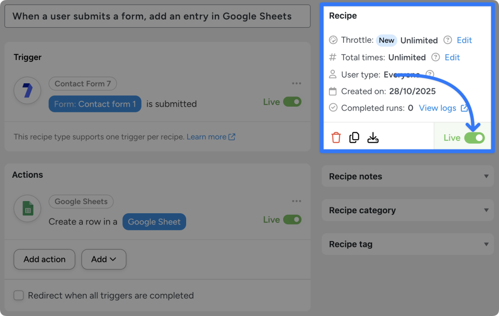 connect-contact-form-7-to-google-sheets-recipe-live Uncanny Automator recipe that creates a Contact Form 7 and Google Sheets integration. The recipe adds a row to a Google Sheets spreadsheet when a Contact Form 7 form is submitted. The recipe is set to “Live”.
