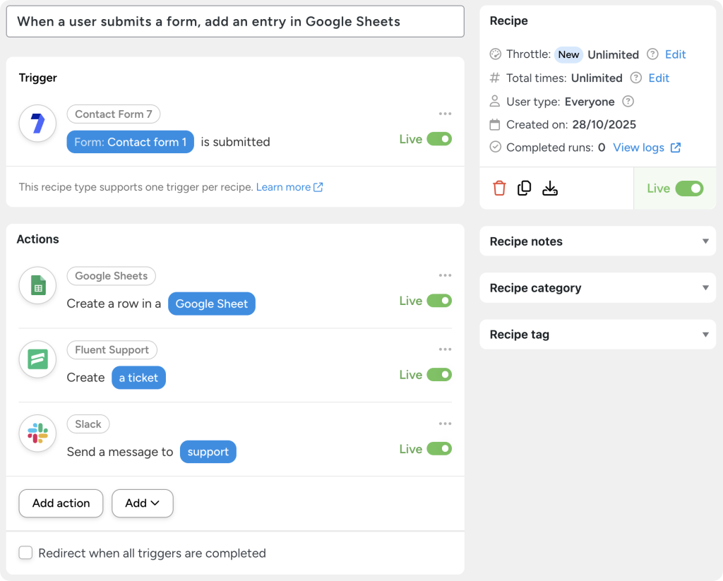 contact-form-7-google-sheets-fluent-support-slack-recipe Uncanny Automator that creates a Contact Form 7 and Google Sheets integration. The recipe adds a row to Google Sheets, creates a Fluent Support ticket, and sends a message to a Slack channel when a form is submitted.