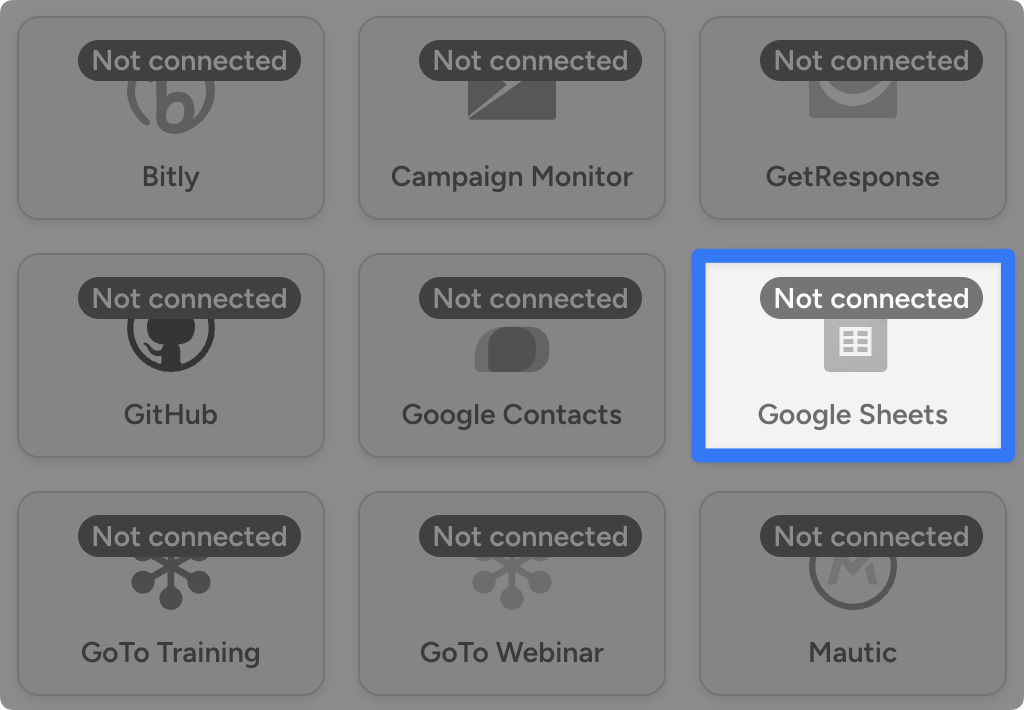 google-sheets-integration Grid of WordPress integrations. The user has highlighted the Google Sheets integration that is not connected yet.
