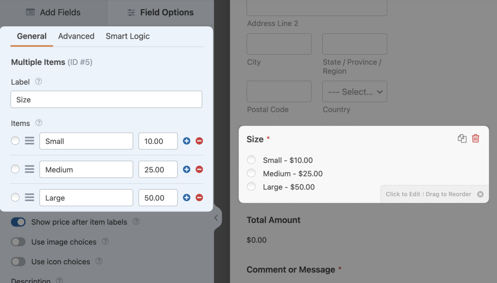 WPForms interface showing a "Multiple Items" field labeled "Size" with pricing options for Small ($10), Medium ($25), and Large ($50), allowing users to add tiered pricing to an online order form.