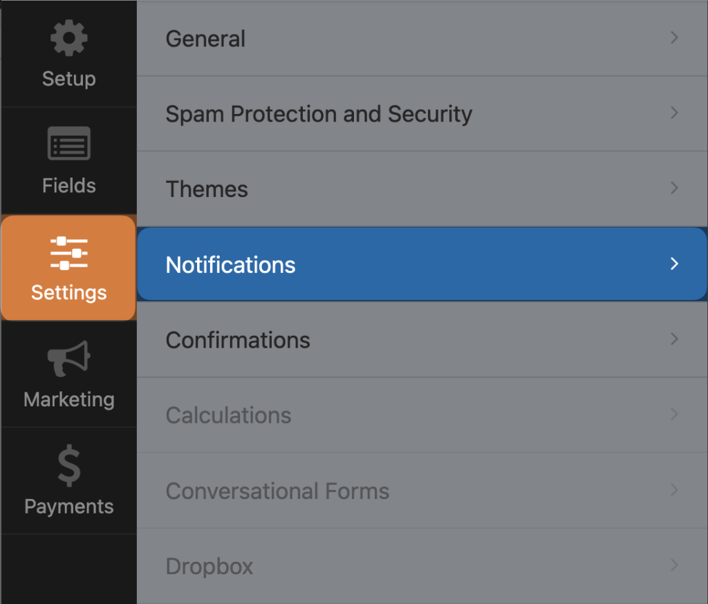 WPForms settings menu highlighting the "Notifications" section, where users can configure email alerts triggered by form submissions.