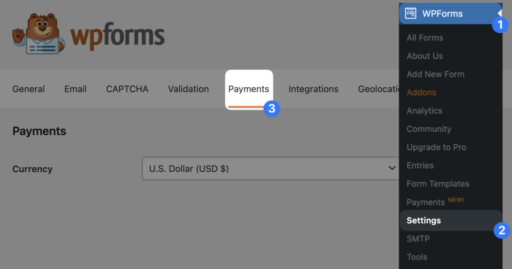 WPForms WordPress plugin settings screen showing the navigation path to configure payment settings: WPForms > Settings > Payments tab, where users can select their preferred currency for form payments.