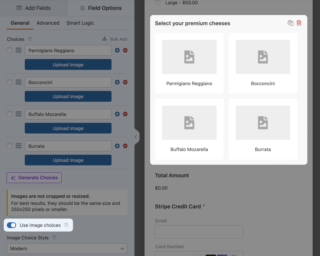 WPForms interface displaying a multiple choice field labeled "Select your premium cheeses”. The "Use image choices" toggle is enabled, allowing users to select cheese options via images.