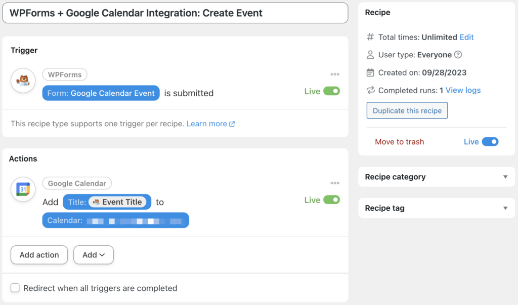 wpforms google calendar integration create event