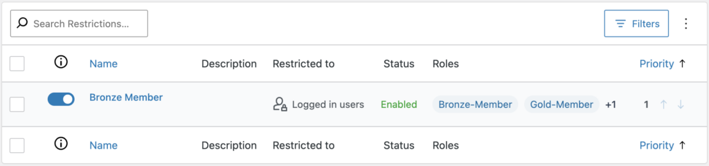 WordPress Content Control plugin restriction list. The "Bronze Member" restriction is enabled, applied to logged-in users with "Bronze-Member" and "Gold-Member" roles.