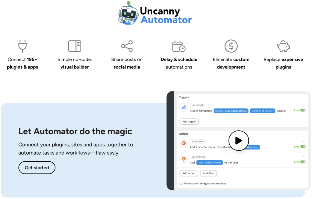 Uncanny Automator homepage highlighting no-code automation, plugin integrations, and workflow automation with a demo video and "Get started" button.