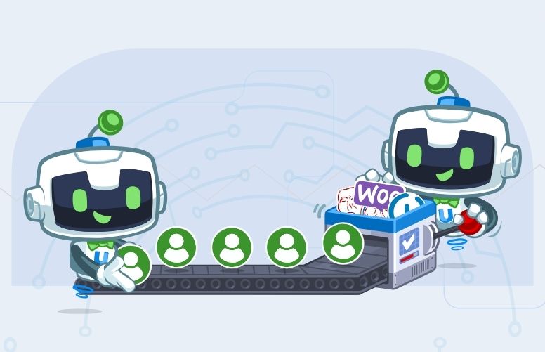 Uncanny Automator mascots, U-Bot, putting WordPress plugins into a machine and getting membership tokens out, symbolizing the automation of a WordPress membership website.