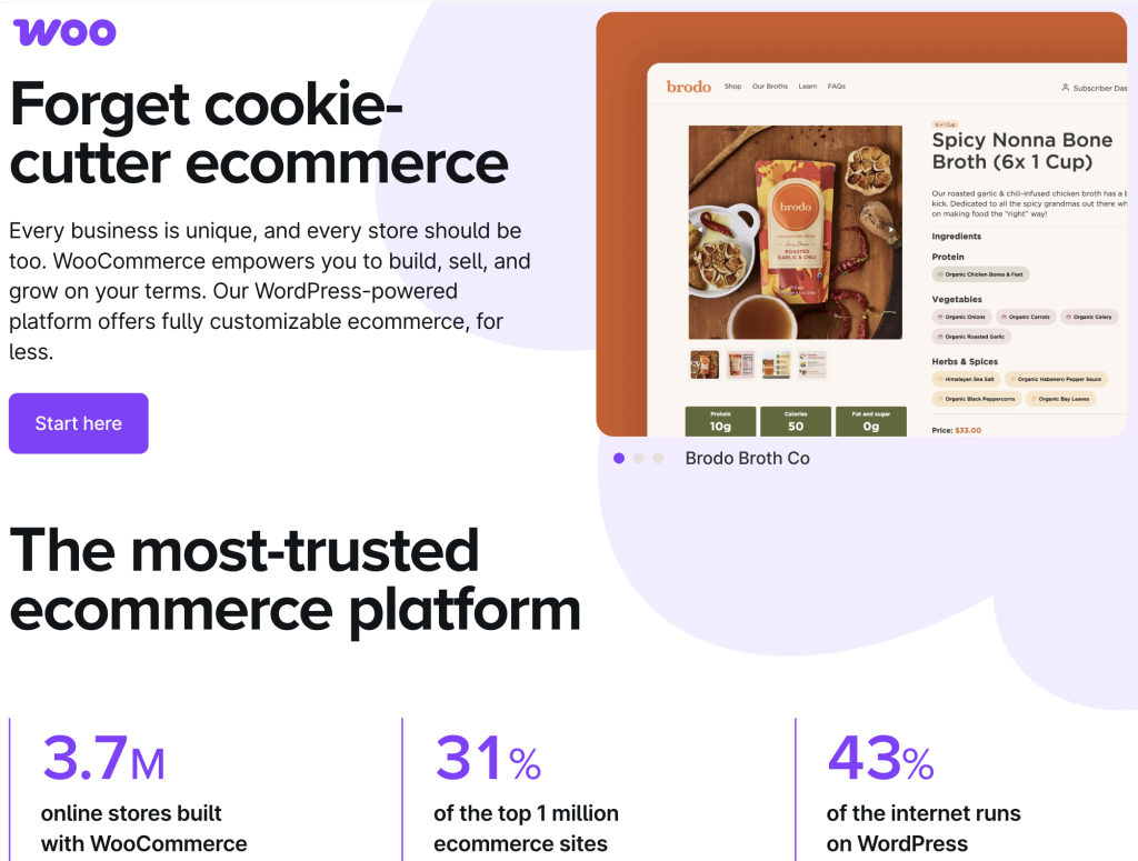 WooCommerce homepage section promoting its customizable eCommerce platform. The heading reads "Forget cookie-cutter ecommerce," emphasizing flexibility for online stores.
