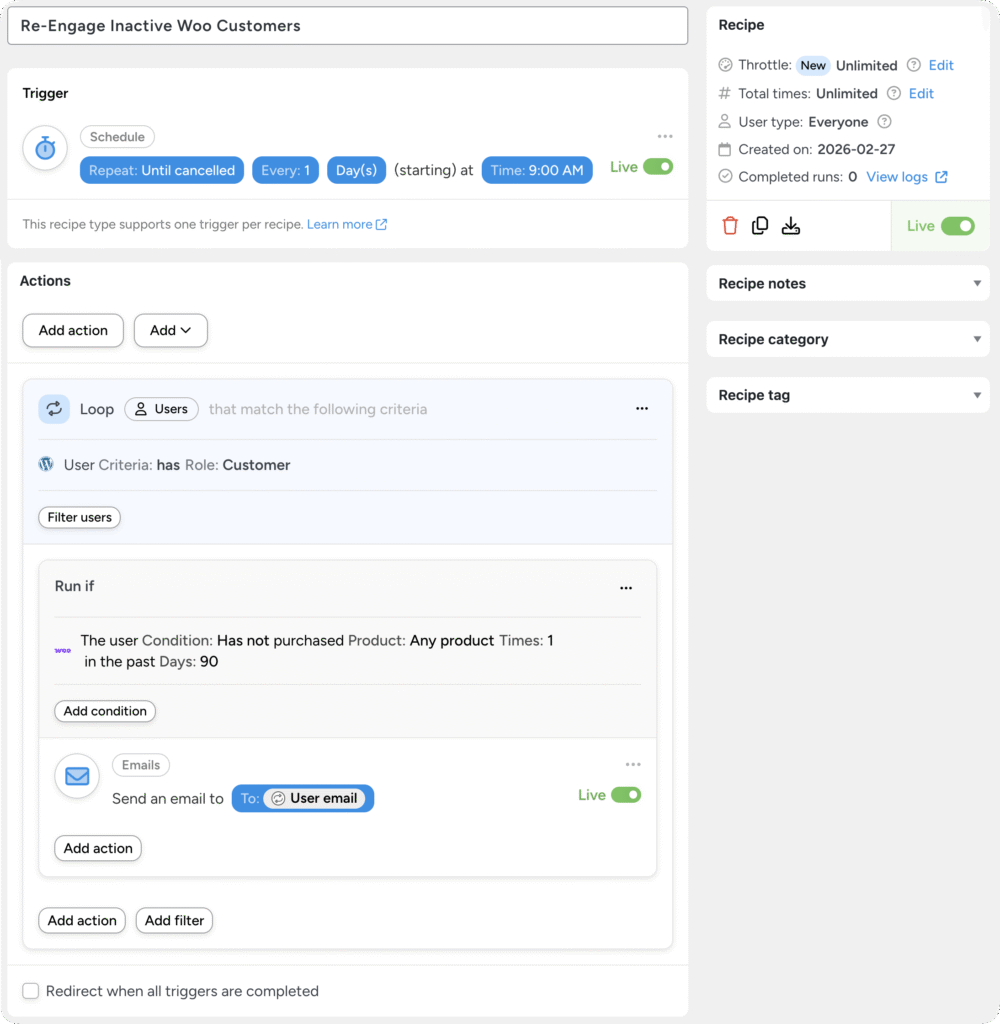 Uncanny Automator recipe titled “Re-Engage Inactive Woo Customers,” scheduled daily at 9:00 AM to email customers who have not purchased in the past 90 days, set to Live.