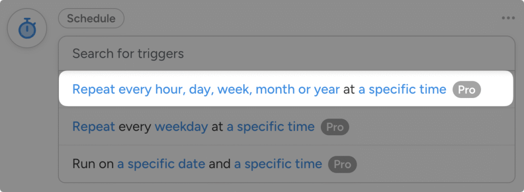 Uncanny Automator Schedule trigger options showing choices to repeat every hour, day, week, month, or year at a specific time.