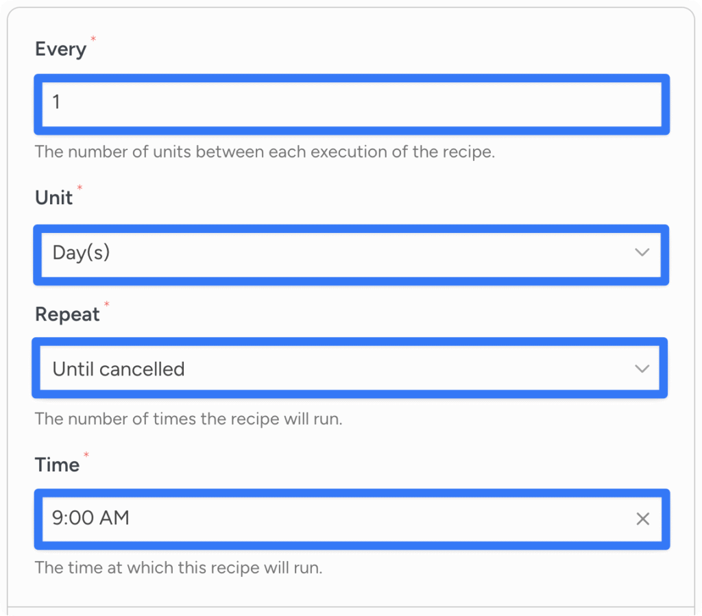 Uncanny Automator schedule settings panel showing fields set to run every 1 day, repeat until cancelled, at 9:00 AM.