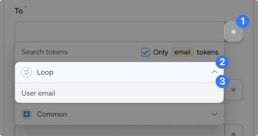 Uncanny Automator email action token selector showing the “To” field with Loop expanded and “User email” selected, and the “Only email tokens” filter enabled.
