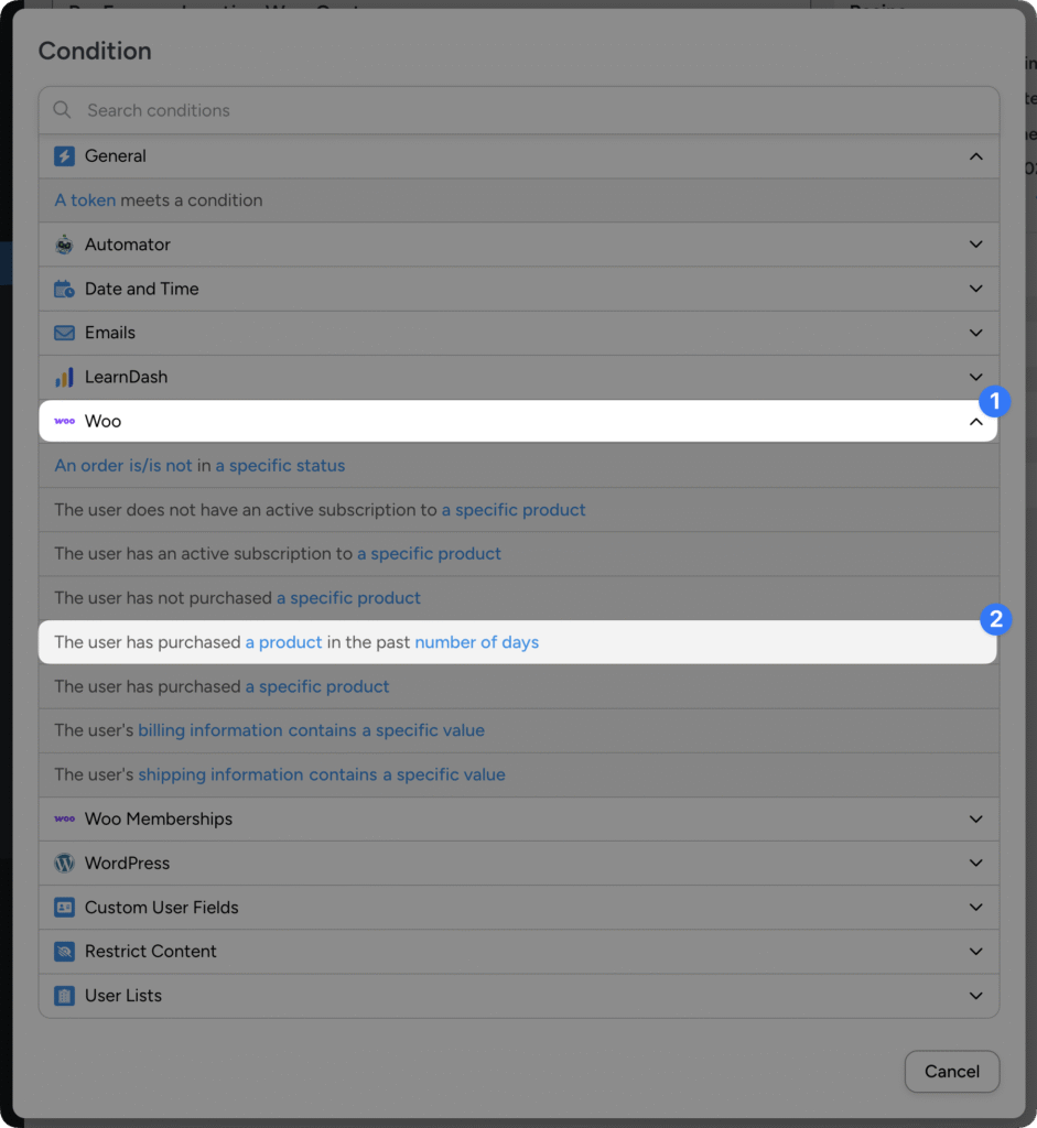 Uncanny Automator filter condition modal with Woo category expanded, showing the option “The user has purchased a product in the past number of days” highlighted.