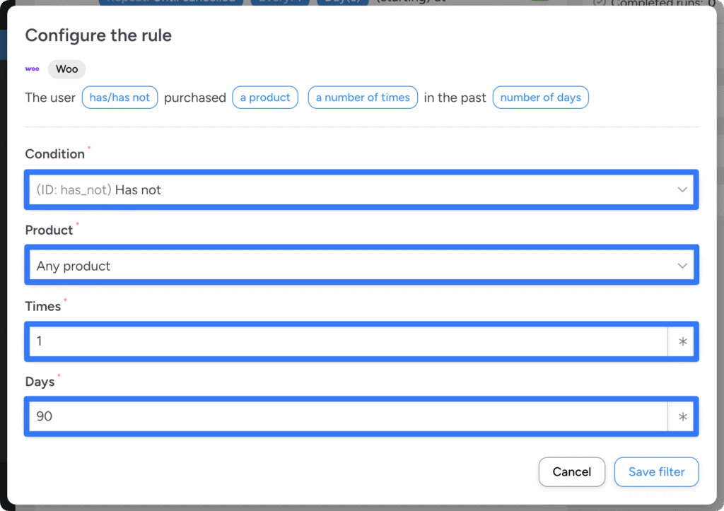 Uncanny Automator “Configure the rule” screen for WooCommerce showing condition set to “Has not,” product set to “Any product,” times set to 1, and days set to “90”.